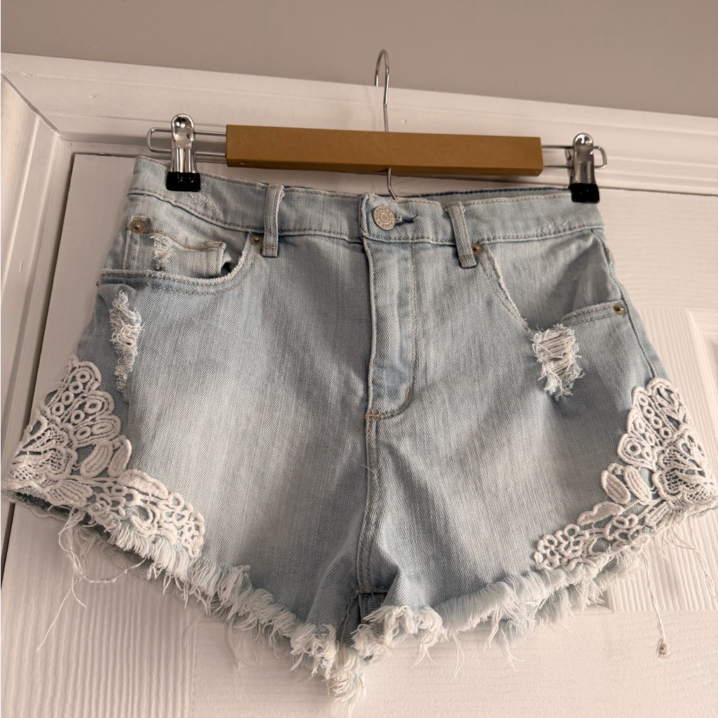 Garage Light Blue Jean Shorts With Lace Accents